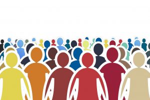 a crowd of different colored silhouette of people