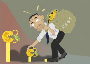 illustration of a person picking up money and putting it into a bag labeled debt