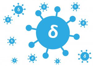 blue virus cells of all different sizes with a delta symbol in the middle
