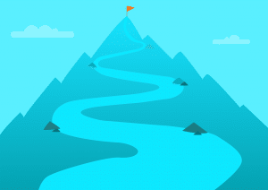 a mountain trail with a red flag at the top