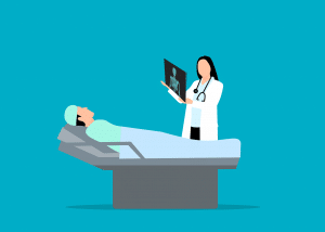 illustration of a doctor standing over a hospital patient and looking at an Xray