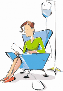 illustration of a woman sitting in a chair with an IV stand next to her