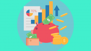 illustration of a piggy bank and a wallet, money and paper in the background with 70% on it