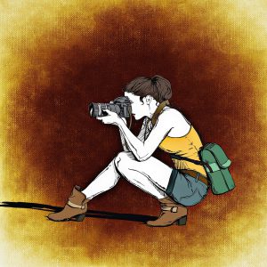 illustration of a woman squatting down taking a picture with a camera