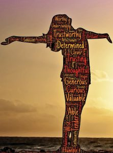 silhouette of a woman looking up with her hands out on the sides filled with a bunch of positive words