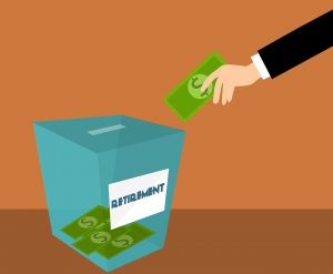 illustration of a hand putting money into a bin that is labeled retirement
