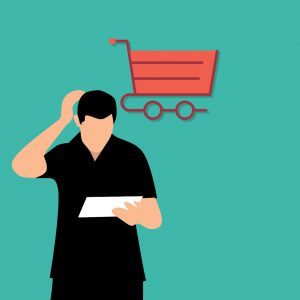 illustration of a man scratching his head while looking at a paper and a red shopping cart above him