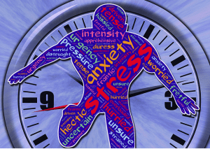 stress and anxiety and other words in a person silhouette with a clock behind the person