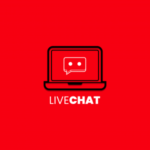 red background with a laptop open and a chat box on the screen, and live chat written under it