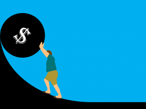 illustration of a person rolling up a large boulder with a money sign on it