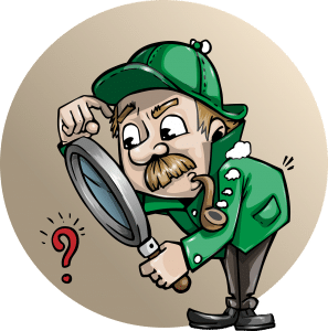 illustration of an investigator with a magnifying glass looking at a red question mark