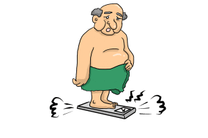 illustration of a heavy older man looking down at a scale he's stepping on