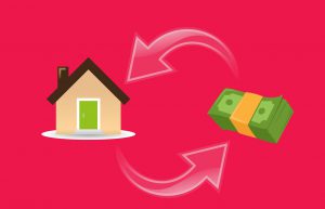 a house and money with arrows in a pointing towards each from the other