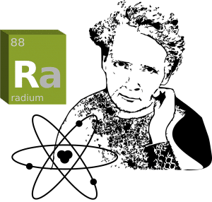 illustration of Marie Curie and radium symbol next to her