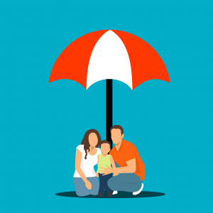 illustration of a family under an umbrella. 