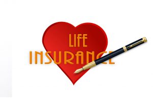 the word life insurance with a heart behind it and a pen next to it