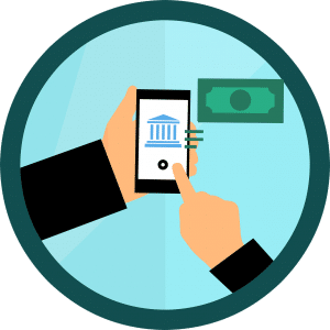 illustration of a person's hands holding a cell phone with a bank on the screen