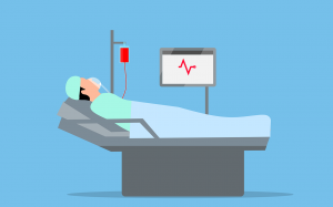 illustration of a person on a hospital bed with a monitor next to them and an oxygen mask over their mouth