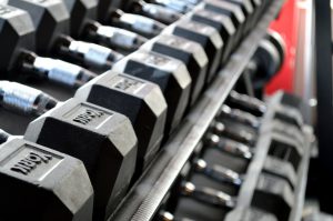 dumbbells on a rack