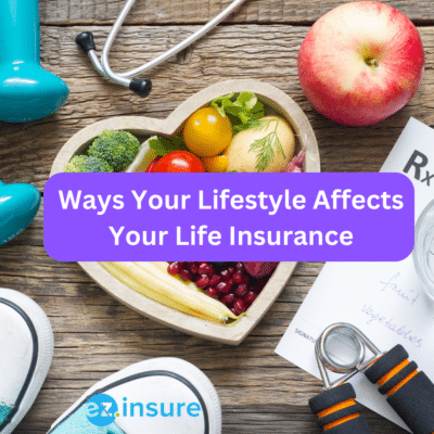 Ways Your Lifestyle Affects your Life Insurance text overlaying an image of a table with fruit, workout equipment, a prescription and a stethoscope on it