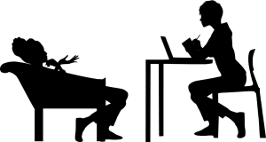 illustration of 2 silhouettes, one sitting in a chair and the other one at a desk