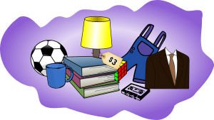 illustration of stuff piled together with a sales tag