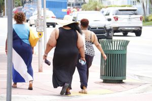 the back of 3 obese women walking in the street