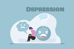 illustration of a person sitting down with sad faces around and the word depression over it