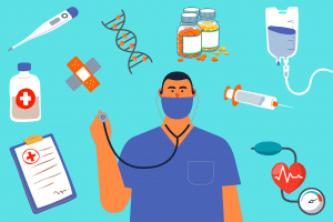 illustration of a doctor and medical equipment around