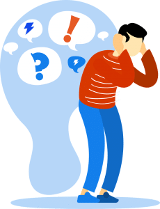 illustration of a man with his hands over his ears and a head silhouette behind him with question and exclamation points