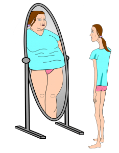 illustration of a thin woman looking into a mirror seeing a larger woman