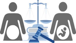 picture of a woman with a babyin her belly and the justice symbol and gavel next to her