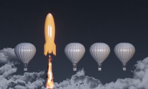 rocket ship soaring above hot air balloons