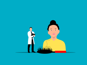 illustration of a doctor with a woman and her hair brush full of hair