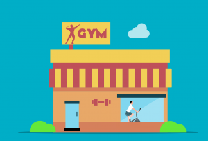 illustration of a gym with someone inside on an elliptical