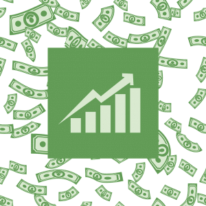 graph going upwards with an arrow above the graph and money around it
