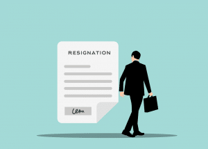 illustration of a person in a suit walking next to a resignation letter