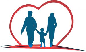 family of 3 holding hands with a heart around them