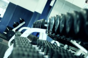 dumbbells on a rack in a gym