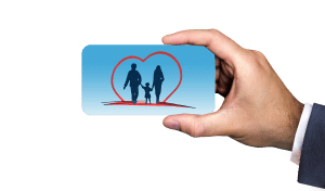 hand holding a blue card with an illustration of a family inside a red heart
