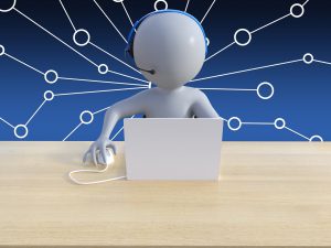 illustration of a person working on the laptop with a network around