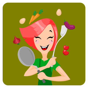 illustration of a woman holding a pan and spatula with food all around her