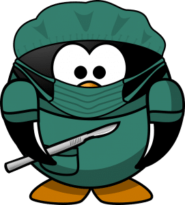 illustration of a penguin in doctor's scrubs and a scalpal