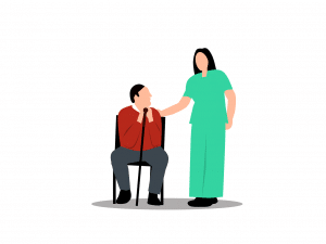 illustration of a home nurse with a patient sitting in a chair with a cane