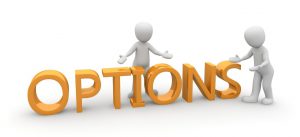 illustration of two people looking at the word options written in orange