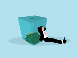 illustration of a man in a business suit leaning on a box with money piled in it