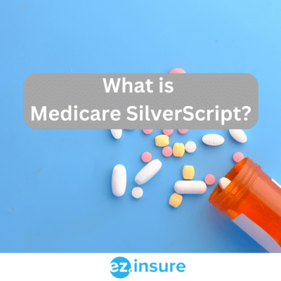 What is Medicare Silverscript? text overlaying image of a medication bottle with pills spilling out of it