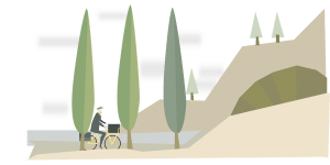 illustration of a man riding a bike through the forrest