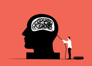 illustration of a large head with wires jumbled in it's brain and someone standing outside of the brain unraveling the wires