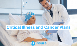 critical illness and cancer plans text overlaying image of a patient with a bandana on looking at the doctor's clippboard